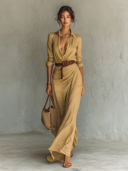 Long Maxi Dress with Collar and Included Belt
