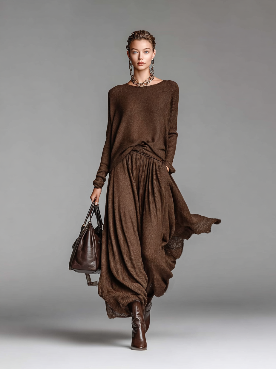 Skirt and Sweater Set with Round Neck