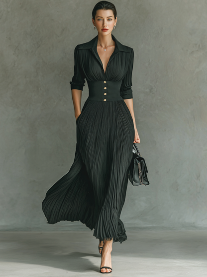 Maxi Long Dress with Long Sleeves and Notched Collar and Pleats