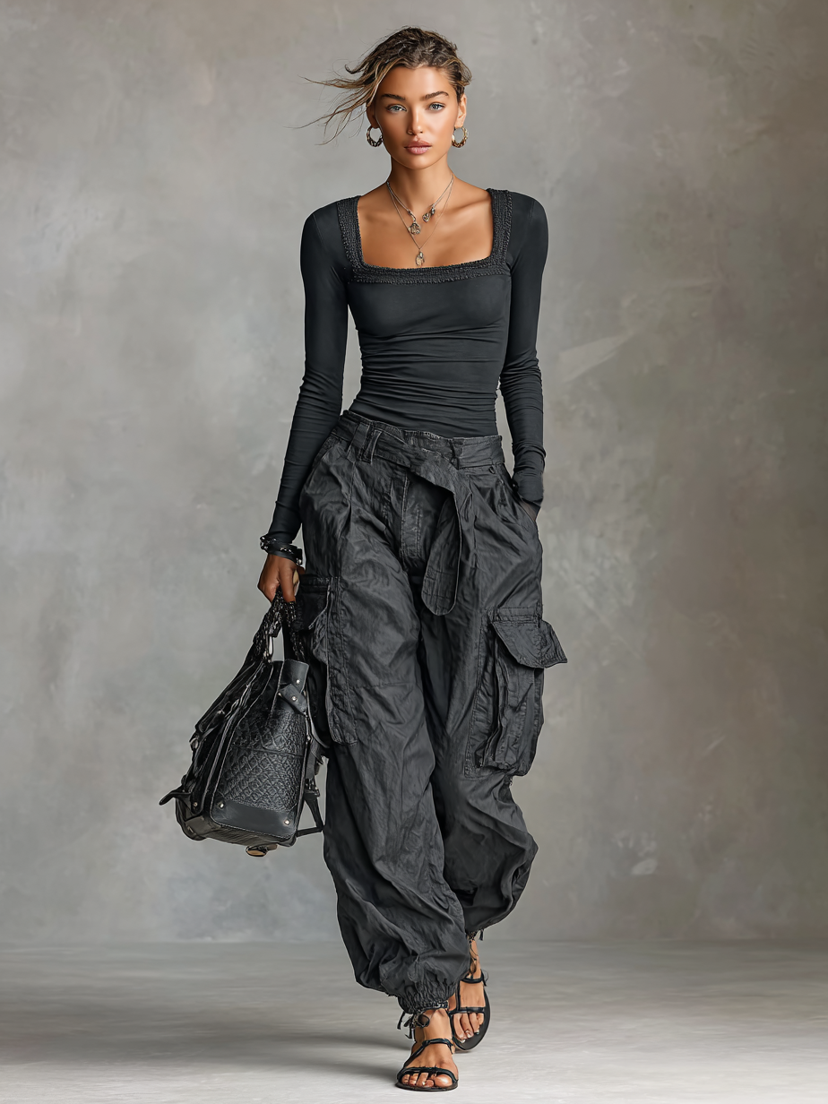 Two-Piece Set Long Sleeve Square Neck T-Shirt and Cargo Pants with Many Pockets