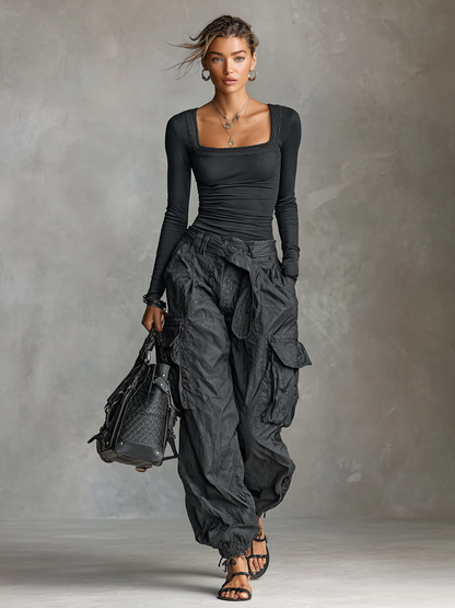 Two-Piece Set Long Sleeve Square Neck T-Shirt and Cargo Pants with Many Pockets