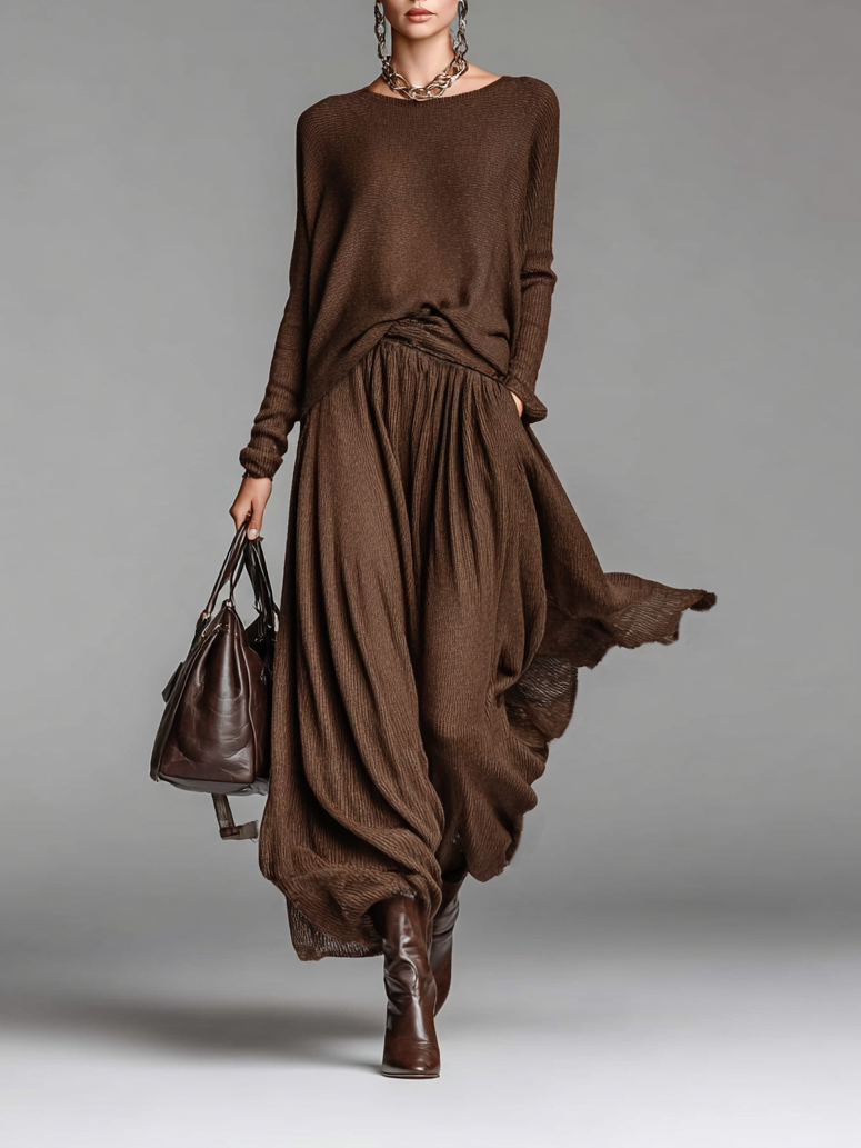 Skirt and Sweater Set with Round Neck