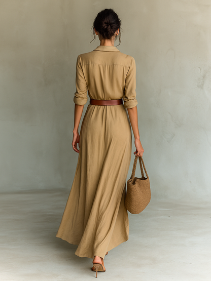 Long Maxi Dress with Collar and Included Belt