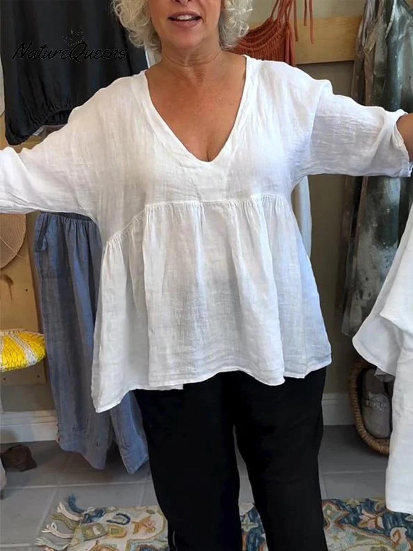 Nadia™ | V-Neck Cotton and Linen Shirt