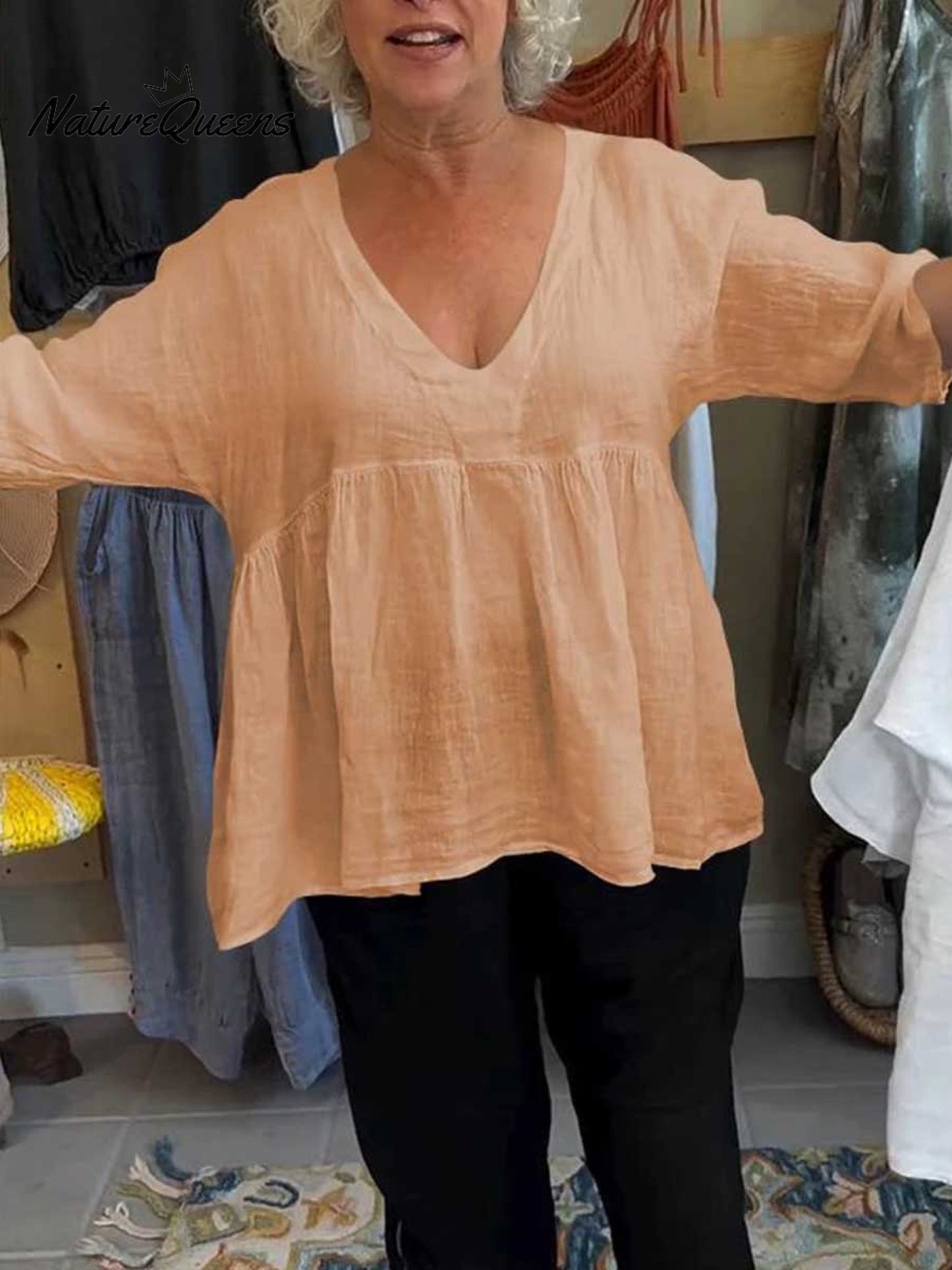 Nadia™ | V-Neck Cotton and Linen Shirt